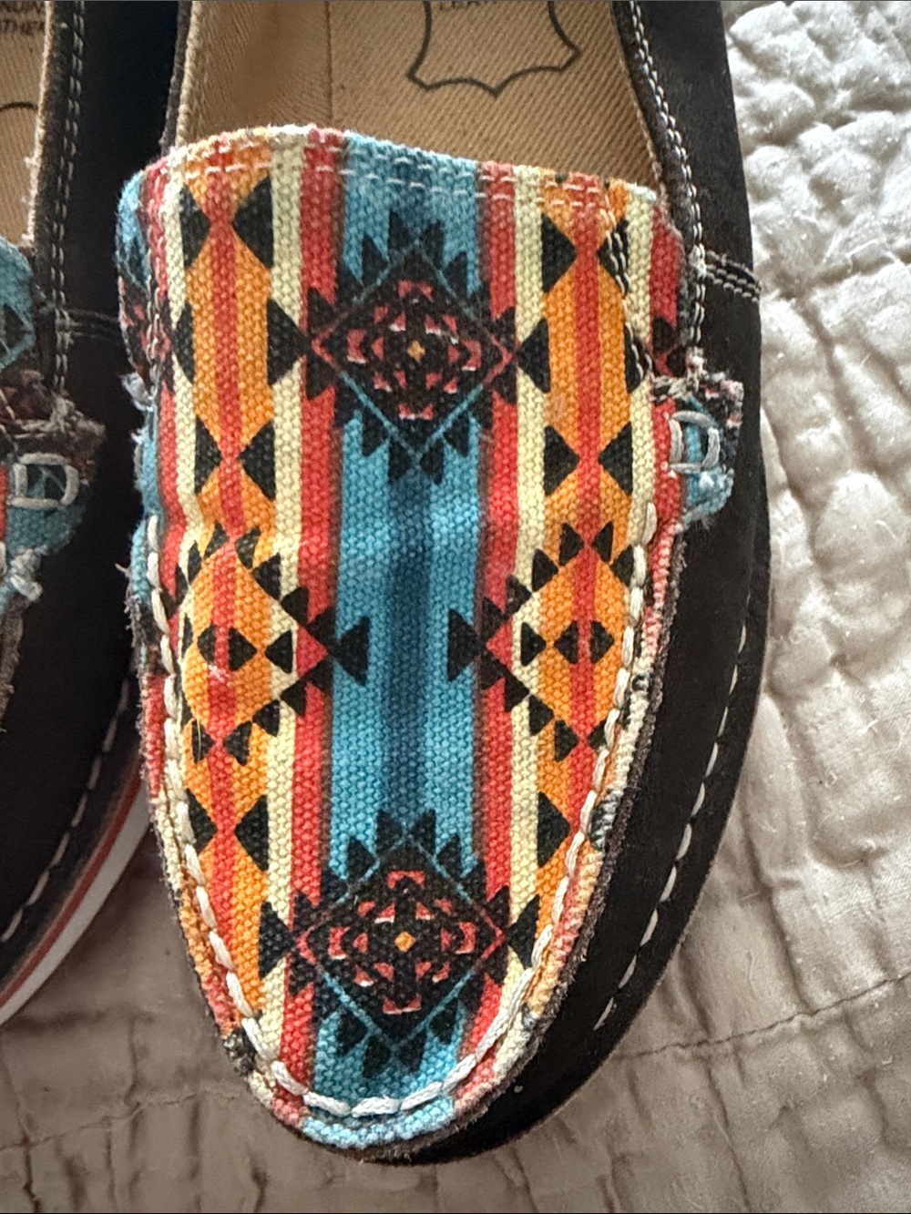 Myra Multicolor Aztec Canvas & Brown Leather Slip-On Loafers size 7 - Picture 16 of 17